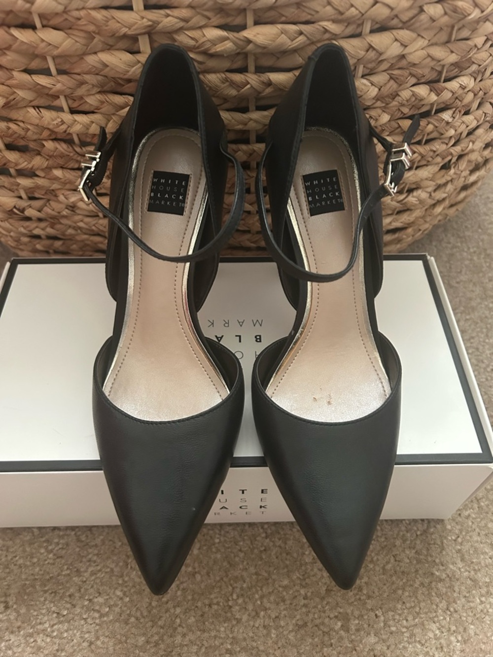 White House Black Market Casey Black Pointed-Toe Ankle-Strap Pumps